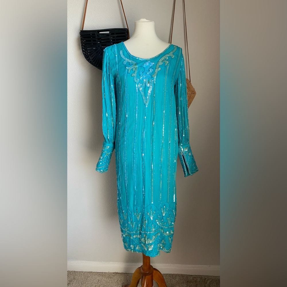Vintage 1980s Sister Max Beaded Art Deco 20s Sequin Long Sleeve Dress, Large